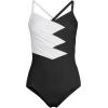 Lands’ End Women’s Slender Suit V-Neck Pleated X-Back One Piece Swimsuit Adjustable Straps(Black/White)