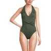 Lands’ End Women’s Sculpting Suit Plunge Halter High Leg One Piece Swimsuit(Rich Olive Green)
