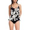 Lands’ End Women’s Smoothing Control Ruffle Fauxkini One Piece Swimsuit(Black/Egret Lilies)