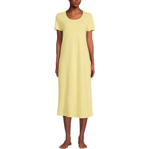 Lands’ End Women’s Cotton Short Sleeve Midcalf Nightgown(Yellow Bliss Simple Stripe)