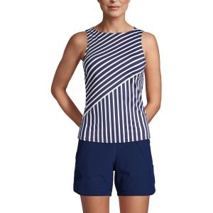 Lands’ End Women’s High Neck UPF 50 Modest Tankini Top Swimsuit(Deep Sea Mixed Diagonal Stripe)