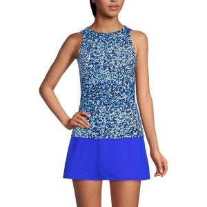 Lands’ End Women’s High Neck UPF 50 Modest Tankini Top Swimsuit(Navy/Turquoise Mosaic Dot)