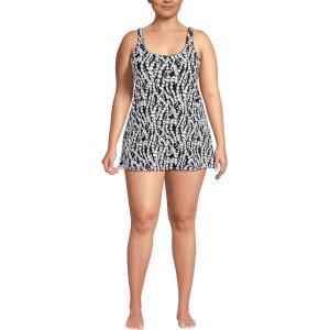 Lands’ End Women’s Scoop Neck Mini Swim Dress One Piece Swimsuit(Black/White Vine Floral)